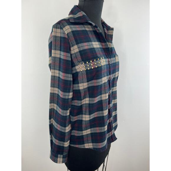 Lovers + Friends Blue Plaid Long Sleeve Button-Down Embellished Shirt Size XS - Picture 2 of 10